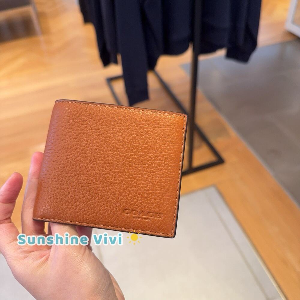 NWT Coach Men Id Billfold Wallet CFG61 Refined pebble leather Amber Brown